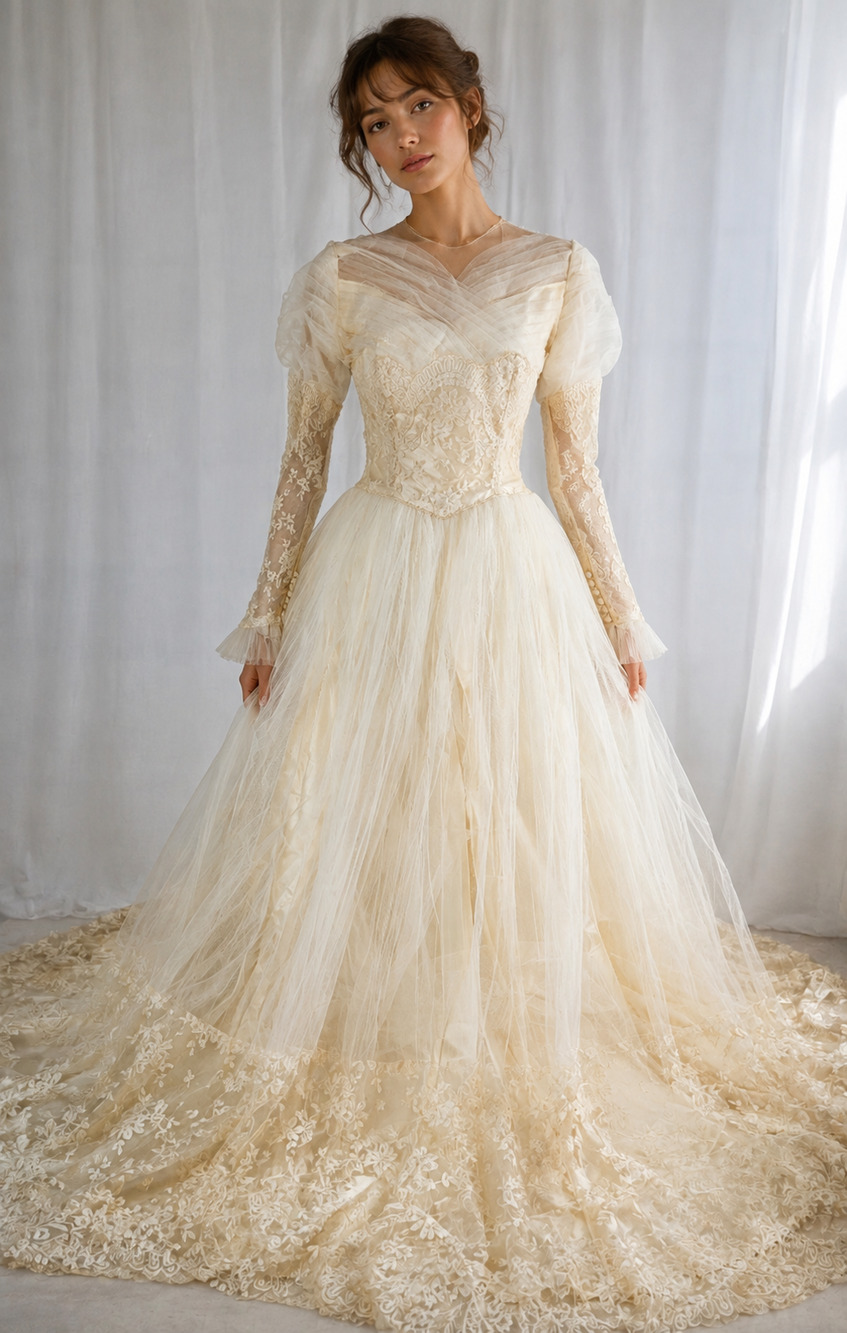 Vintage 1950s Lace Tulle Wedding Dress Illusion Neck Train XS Bridal